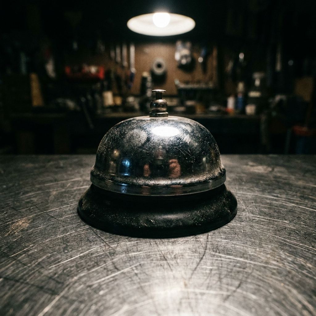 Worn chrome service bell on a scratched steel workbench